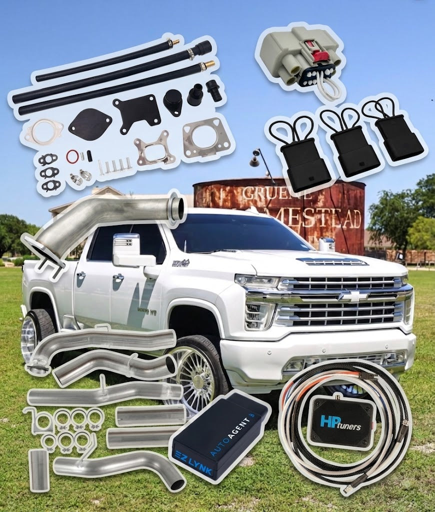 L5P All in One Kit components displayed with Chevy Silverado