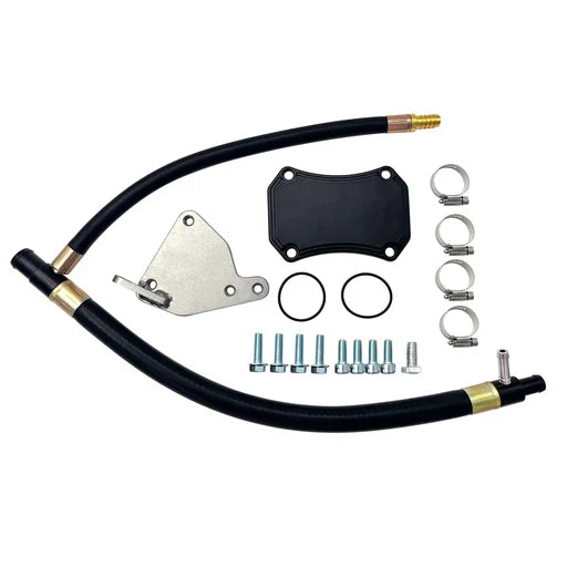 EGR delete kit with billet block-off plates, hoses, fittings, and hardware
